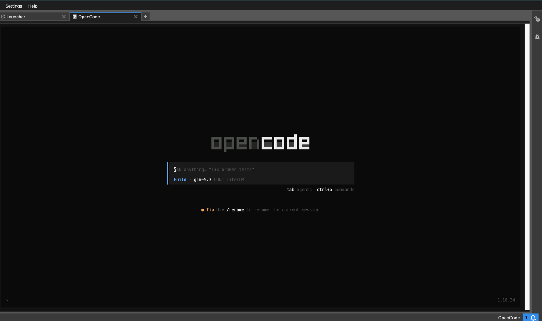 OpenCode opened from the JupyterLab launcher, using a model from the University Gateway Fig.1